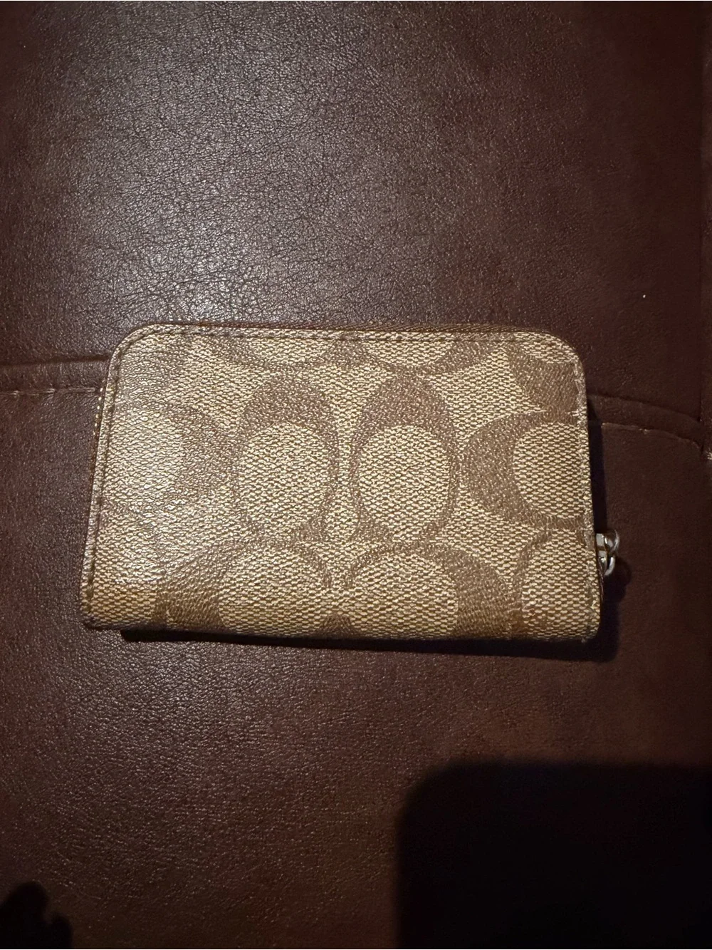Coach Signature Zip Card Case in Khaki and Gold-Tone